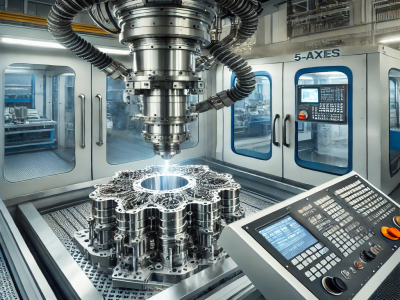 DALLE 2025-03-28 094337 - A high-tech 5-axis CNC machining center in operation cutting a complex metal aerospace component The machine has multiple rotating and tilting axes