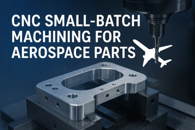 CNC small-batch machining of aerospace parts - precision-milled aluminum component under a CNC milling machine spindle, showcasing high-accuracy aerospace manufacturing.